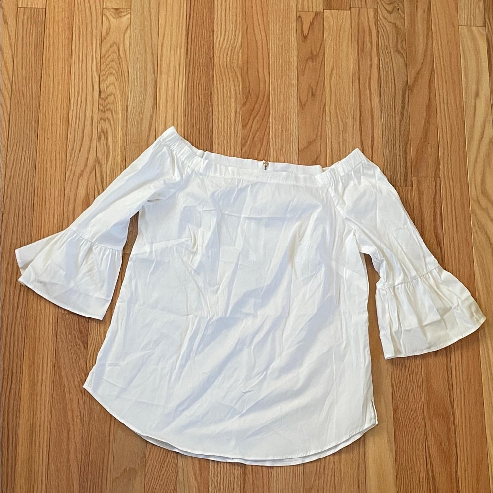 White Boat Neck White Top Small Bell Sleeve Minimalist Office Coastal Summer